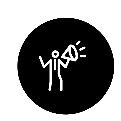 Person with speaker making announcement outline inside a circle