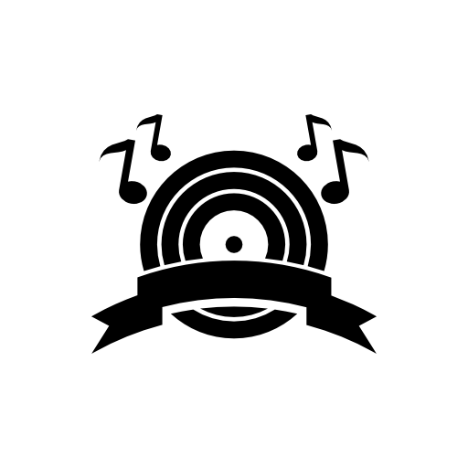 Music boom symbol of a musical disc with musical notes and a ribbon banner