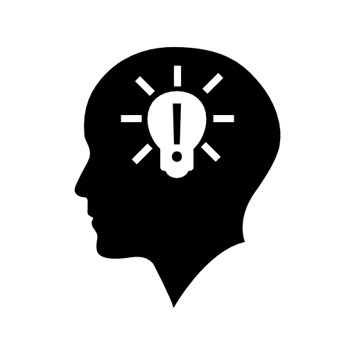 Bald head with lightbulb with exclamation sign inside
