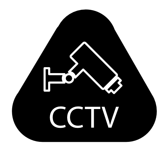 Surveillance symbol with CCTV letters and a video camera inside a rounded triangle