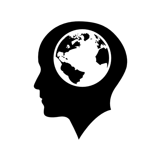 Bald male head with Earth globe inside