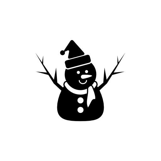 Snowman of xmas in black with bonnet scarf and two branches as arms