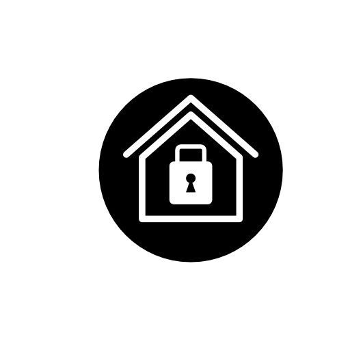 Home security symbol of a house with a locked padlock inside in a circle