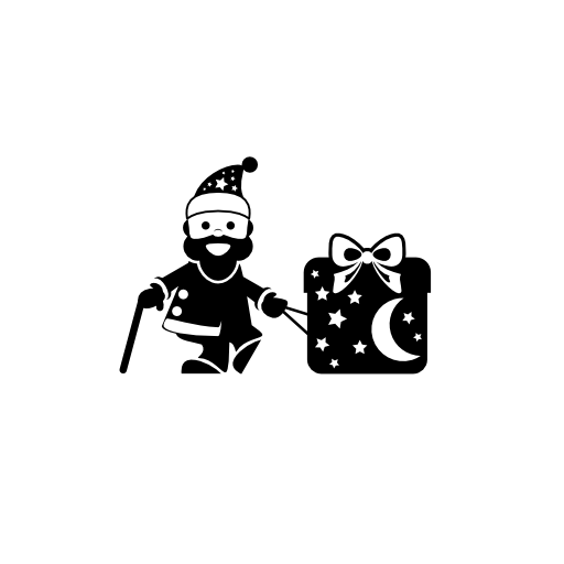 Santa Claus with a cane beside a huge giftbox