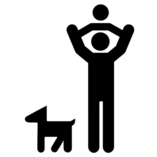 Father playing with his baby on his shoulders and their pet dog at one side