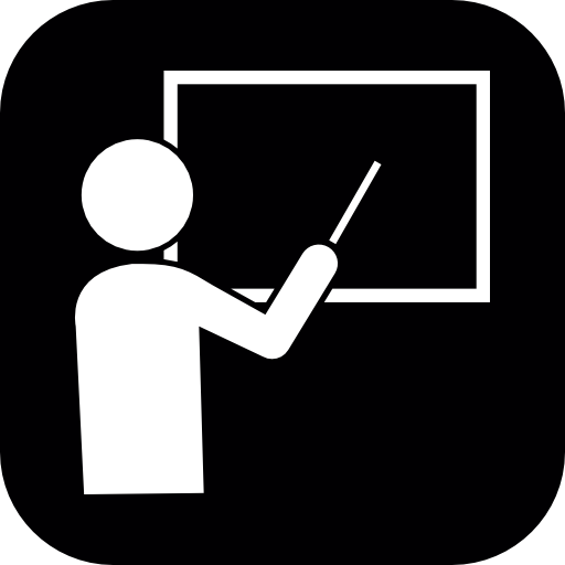 Professor teaching on a blackboard in white shapes inside a black rounded square