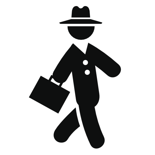 Businessman walking in suit with hat and suitcase