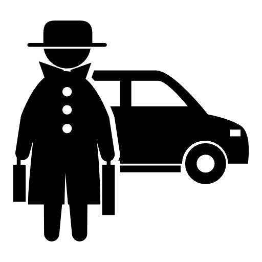 Criminal front standing with two suitcases covered by hat and coat with a car behind