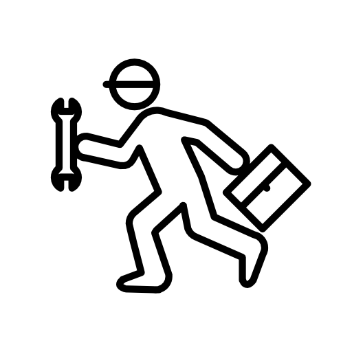 Running repair man with wrench and kit