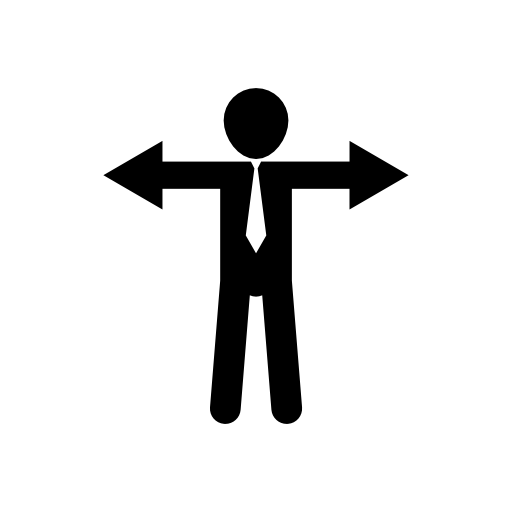 Man standing with extended arms pointing at both sides with arrows shape