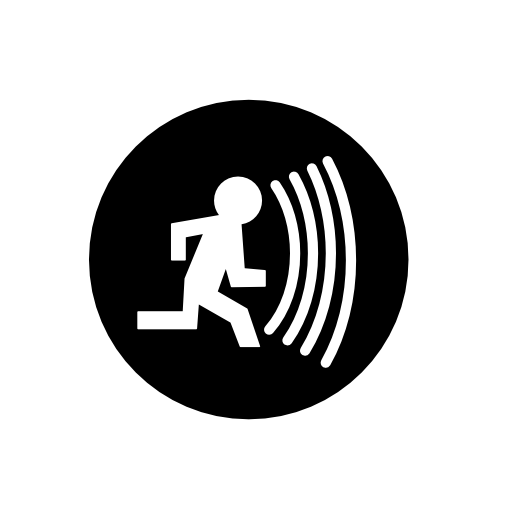 Person running with alarm sound circular symbol