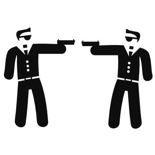 Couple of armed gangsters pointing each other with their arms