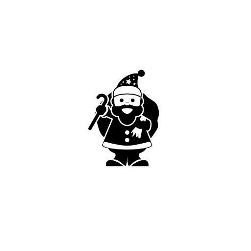Christmas Santa Claus character holding gifts bag at his back with one hand and a cane in the other