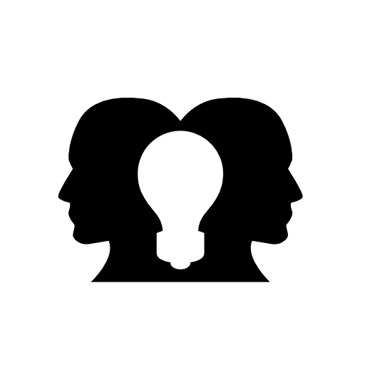 Two heads silhouettes looking to opposite sites with a lightbulb shape in the middle