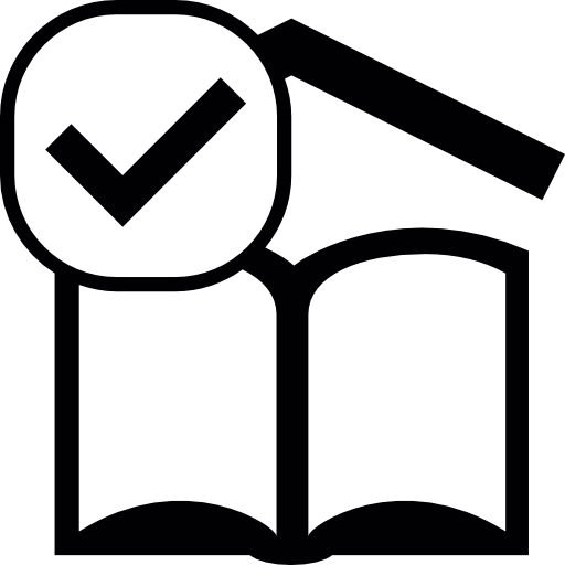Open book reading sign with check mark