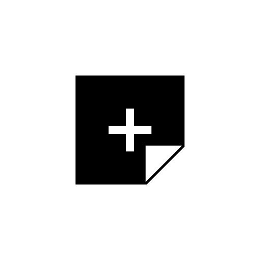 Plus sign in a black square with one folded corner