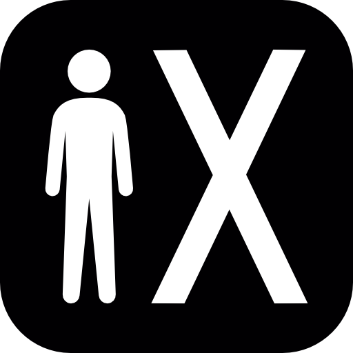 Man standing beside an X symbol in a rounded square in black and white