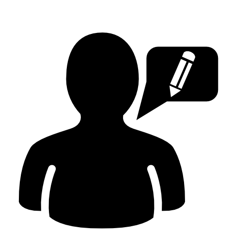 User silhouette with speech balloon and pencil
