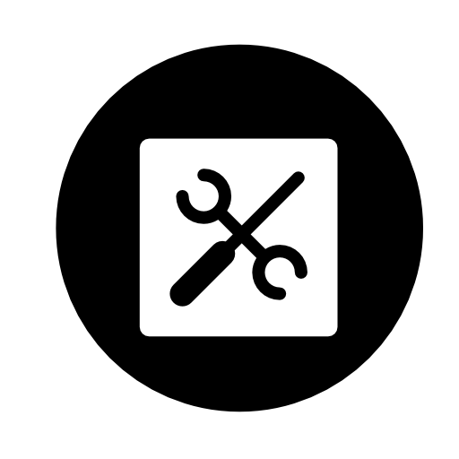 Wrench and screwdriver outline symbol in a square and circle shape
