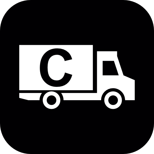 Cargo truck with letter c on black square background