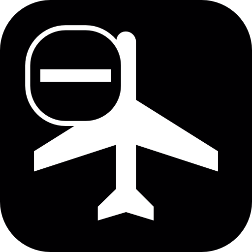 Passengers airplane top view with a minus sign in a rounded square