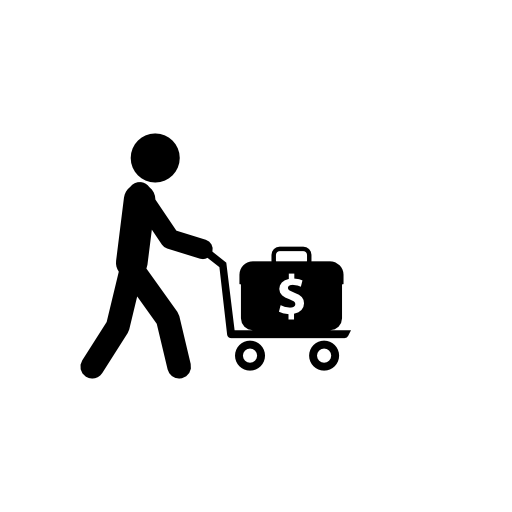 Male pushing cart with suitcase of dollars
