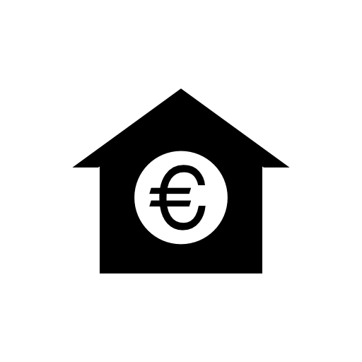 Euro symbol or coin in a house black silhouette