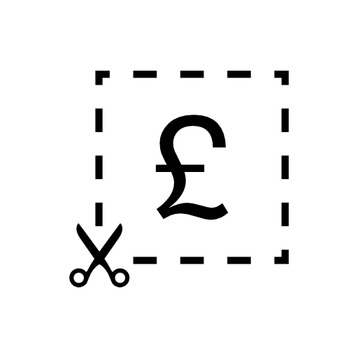 Pounds symbol inside a square cutted line with scissors