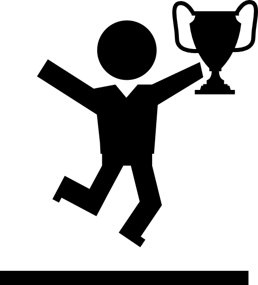 Winner student with competition trophy jumping of happiness