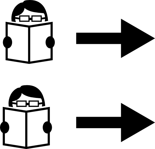Two students reading books with right arrows