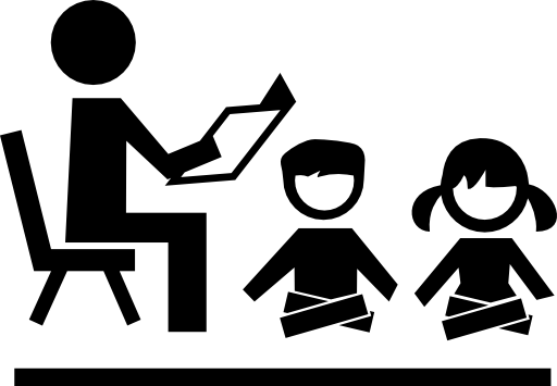 Teacher sitting on a chair reading for students children sitting on the floor in front of him