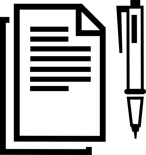Paper sheets with text lines and a pen at right side from top view