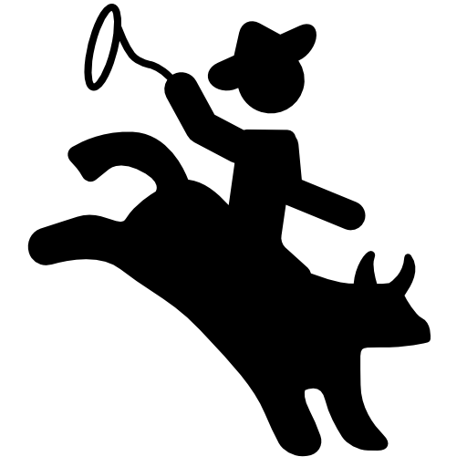 Rodeo silhouette of a mammal with a cowboy riding on him with a rope to catch his neck