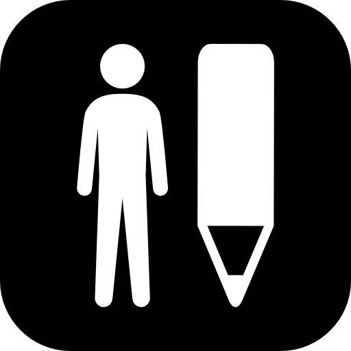 Man standing beside a huge pencil inside a rounded square