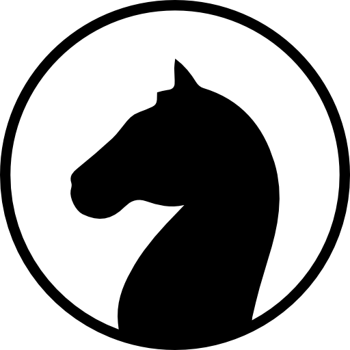 Horse head black shape facing left inside a circle outline