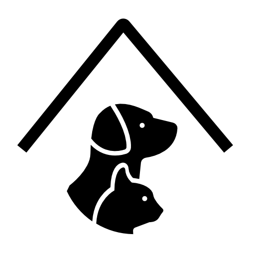 Pet hotel sign with a dog and a cat under a roof line