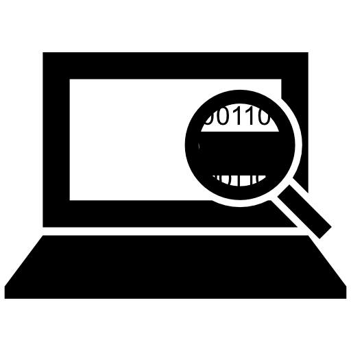 Computer code interface symbol of a magnifier on binary code of a laptop