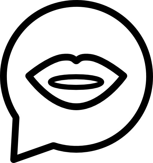Speech bubble of circular shape with female lips mouth outline inside