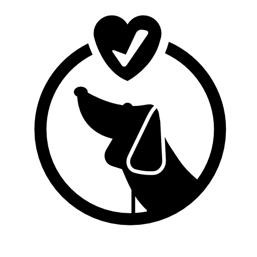 Pets hotel circular symbol with a dog and a verification sign inside a heart