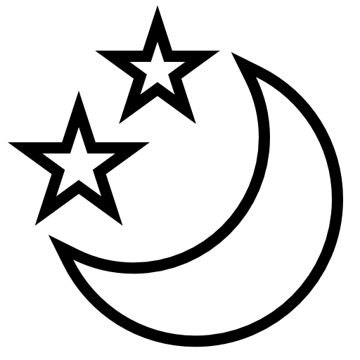 Moon in crescent shape with two stars