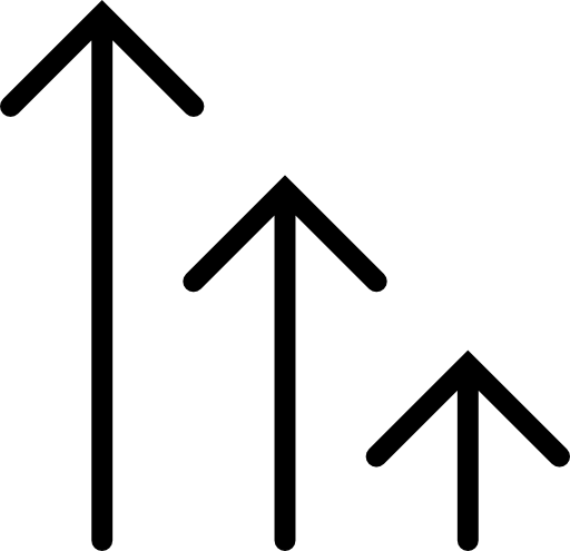 Arrows in a vertical group of three of different sizes decreasing to right