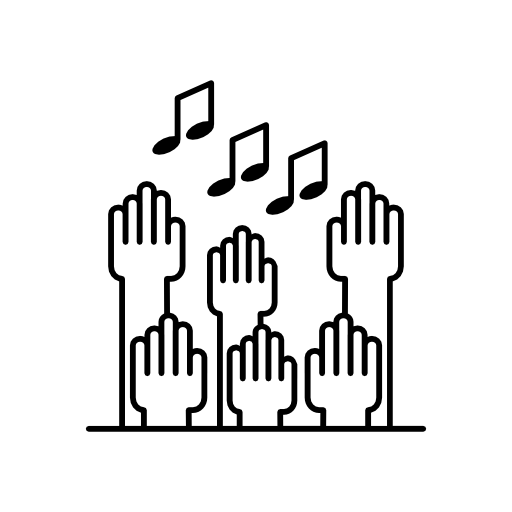 Multiple raising hands with musical notes