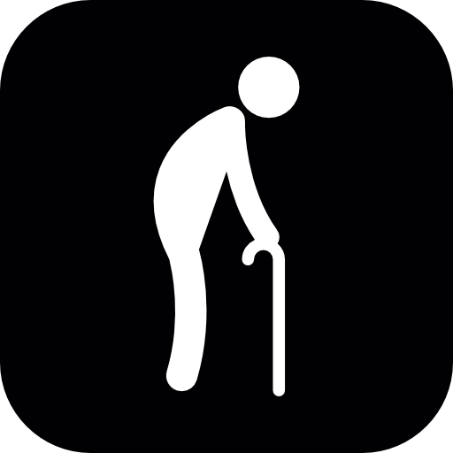 Old man with a walking stick in a rounded square