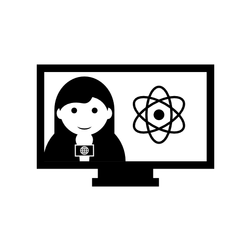 Journalist woman talking about science on tv or computer monitor screen