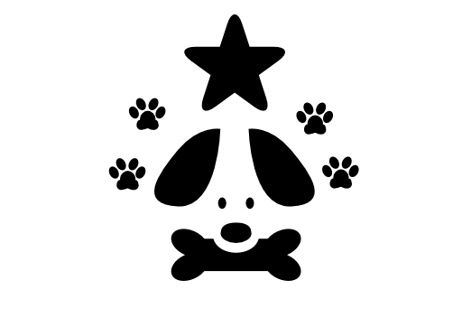 Pet hotel sign of a dog with a star and pawprints