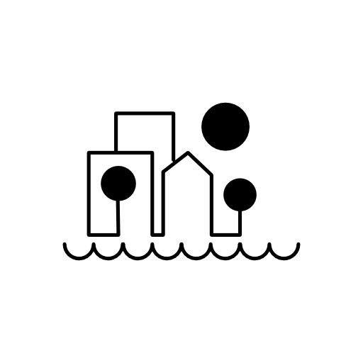 Buildings near the sea made of various shapes