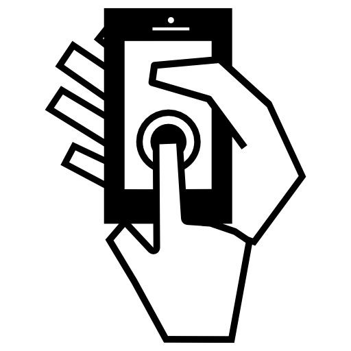 Cellphone on a right hand being touched by a finger of other right hand