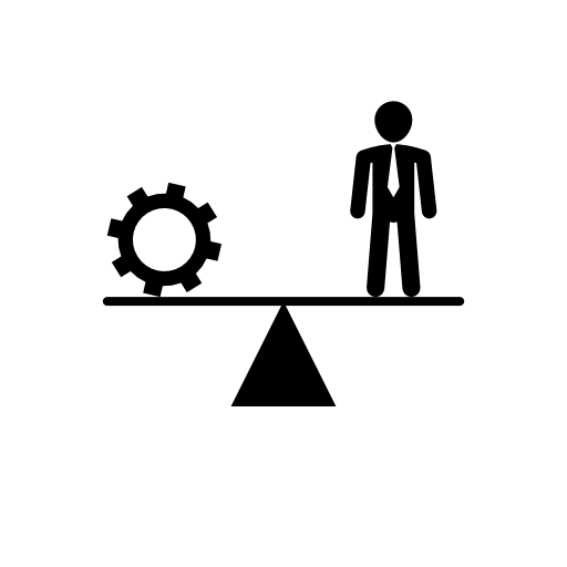 Balancing between cogwheel and businessman