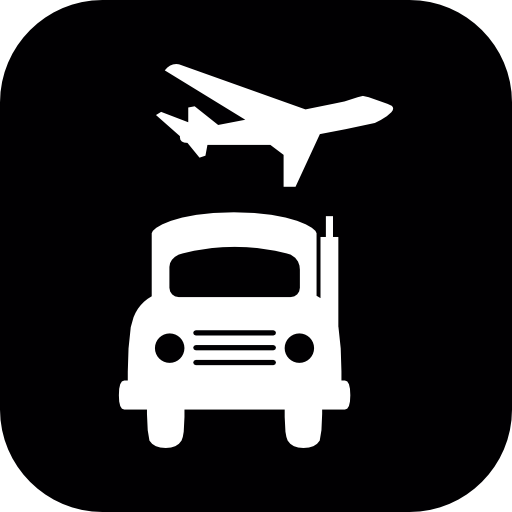 Land and aerial transport white shapes of a truck and an airplane in a rounded black square