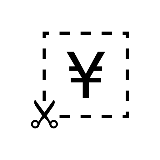 Yen symbol with cutted line in a square shape with a scissor